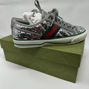 Gucci Glittering Silver Sneakers with Red and Green Stripes